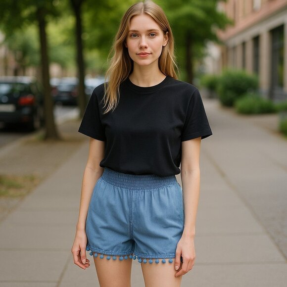 Francesca's Shorts Blue Denim Elastic Waist Pom Pom Fringe Pull On Women's S - Picture 1 of 6